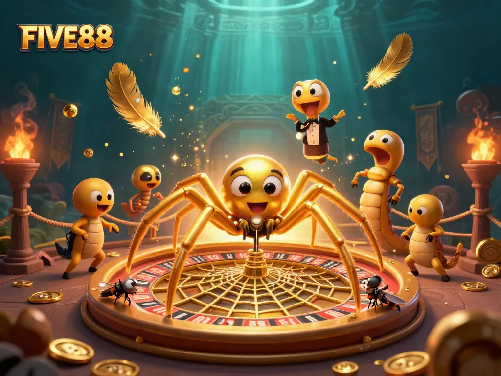 Engage in the excitement of FIVE88 with a vivid illustration of a golden spider and croupier spinning a roulette wheel.