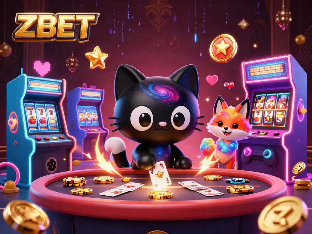 ZBET captivates players with a cosmic casino scene featuring a black hole cat and colorful gaming elements.
