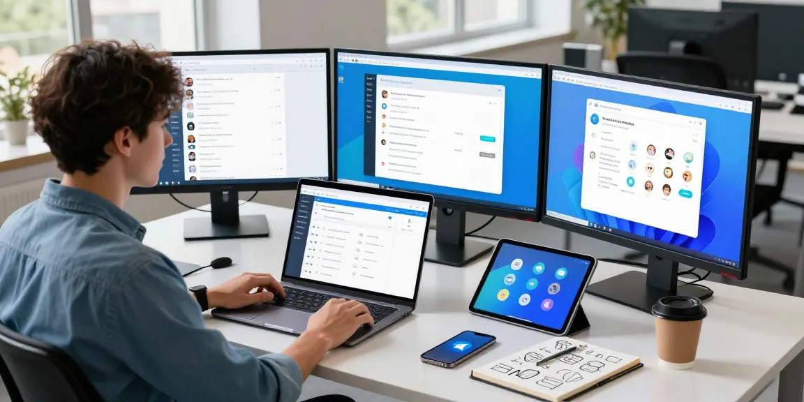 Discover Telegram Download features on multiple screens in a modern workspace setup.