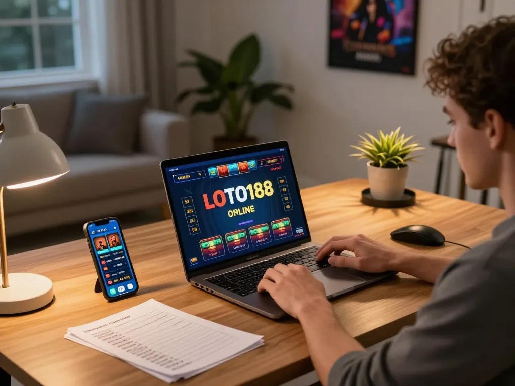 Player engaging with LOTO188 online games on a laptop, showcasing a responsible gaming environment.