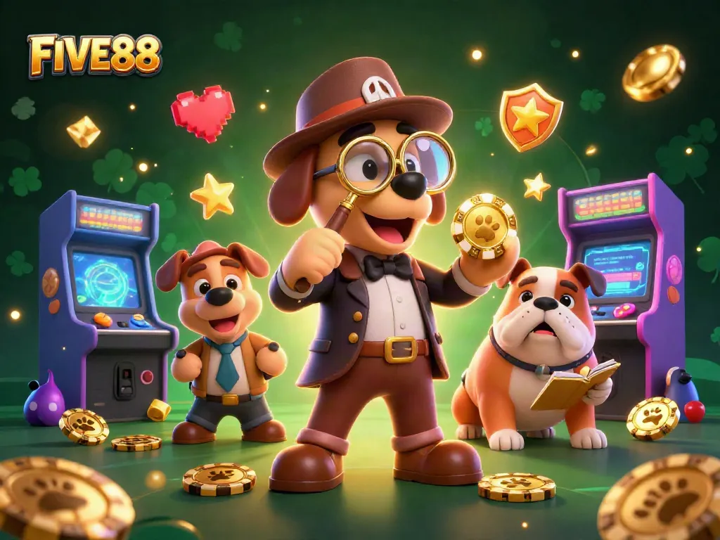 Enjoy the excitement of FIVE88 gaming with a detective bloodhound inspecting a poker chip amidst vibrant casino action.