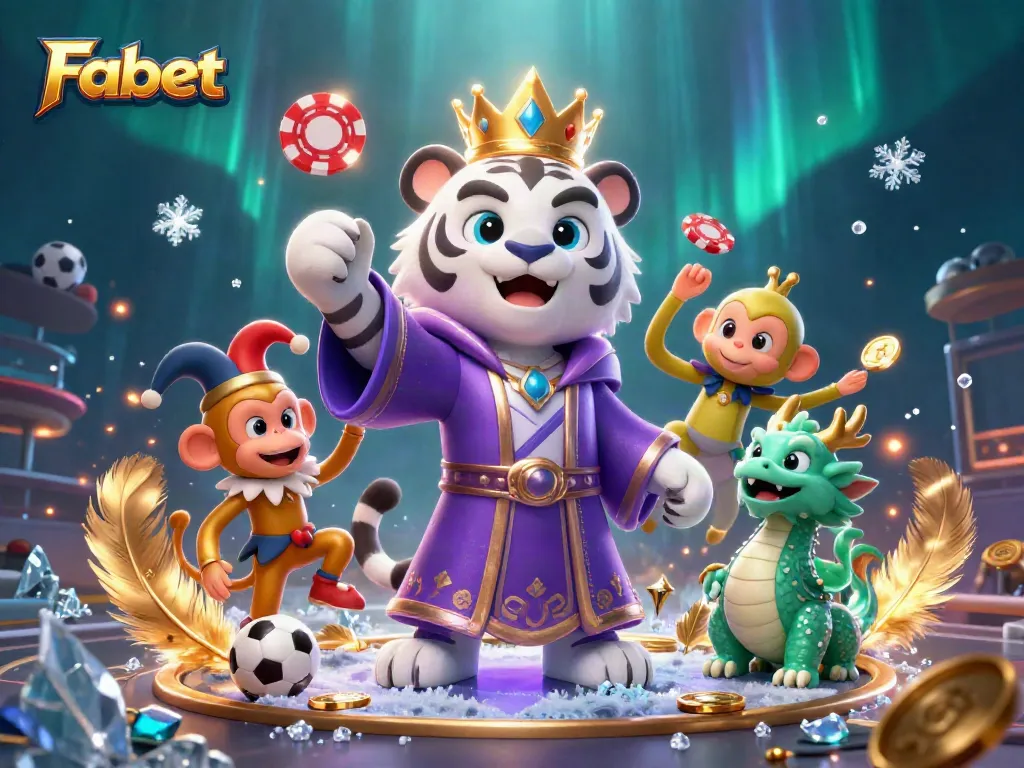 Fabet showcases a vibrant scene with a tiger and monkey celebrating wins in a lively sports betting setting