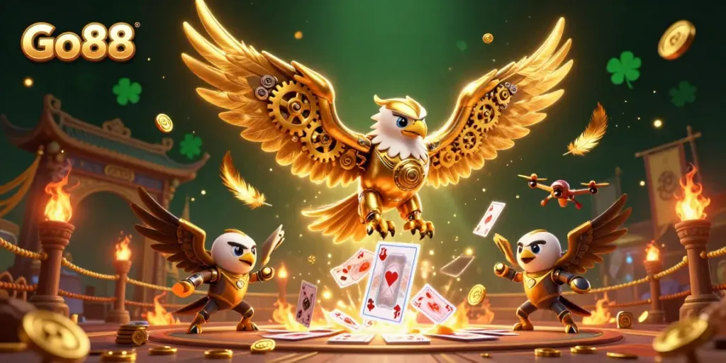 Engage with Go88's thrilling world, where a golden eagle dives through holographic cards and golden coins in a dynamic casino scene.
