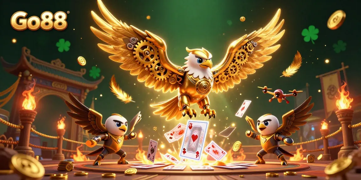 Engage with Go88's thrilling world, where a golden eagle dives through holographic cards and golden coins in a dynamic casino scene.