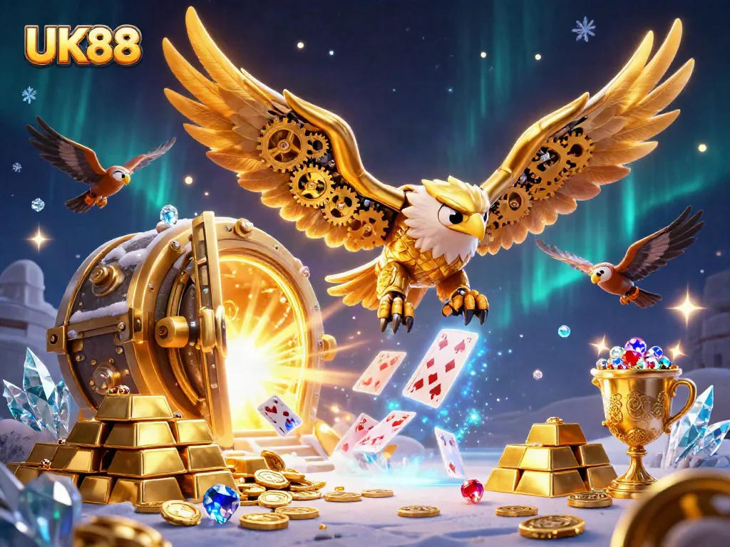 Experience UK88's thrilling casino adventure with a cybernetic eagle among holographic playing cards.