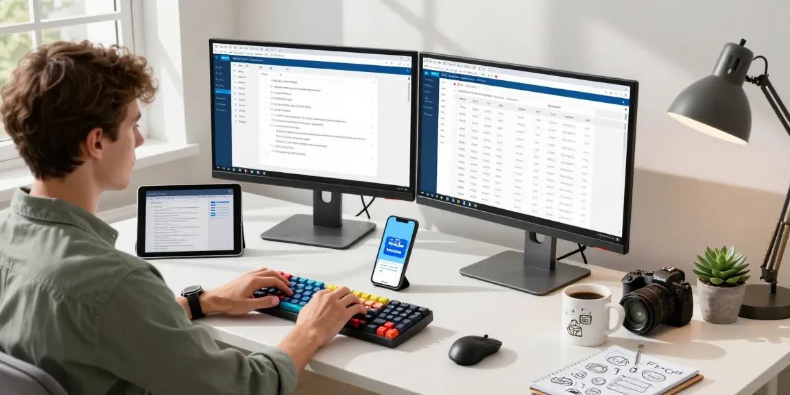 WPS Download scene featuring a focused professional using WPS Office on dual monitors in a modern home office, showcasing productivity.