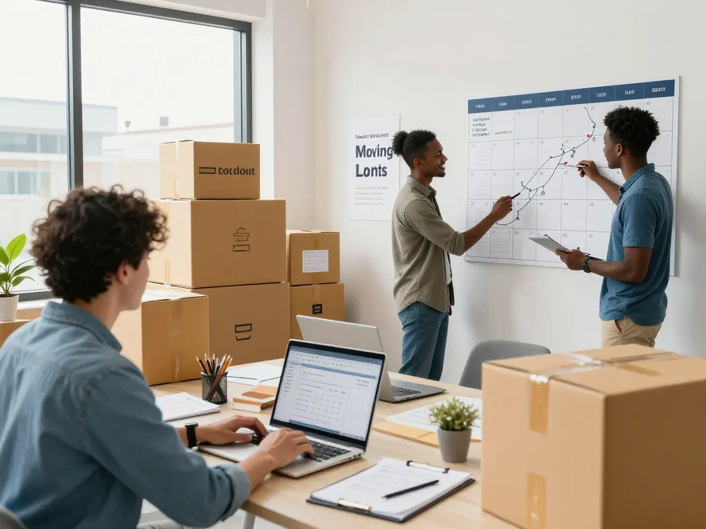 Professionelles Team beim Umzugsunternehmen Hannover plant stressfreie Umzüge mit Logistiksoftware und organisierten Materialien.