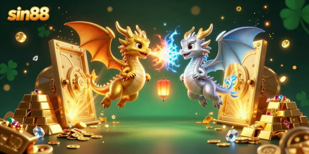 Experience thrilling gameplay with sin88 in this vibrant 3D casino illustration of dragons and treasures.