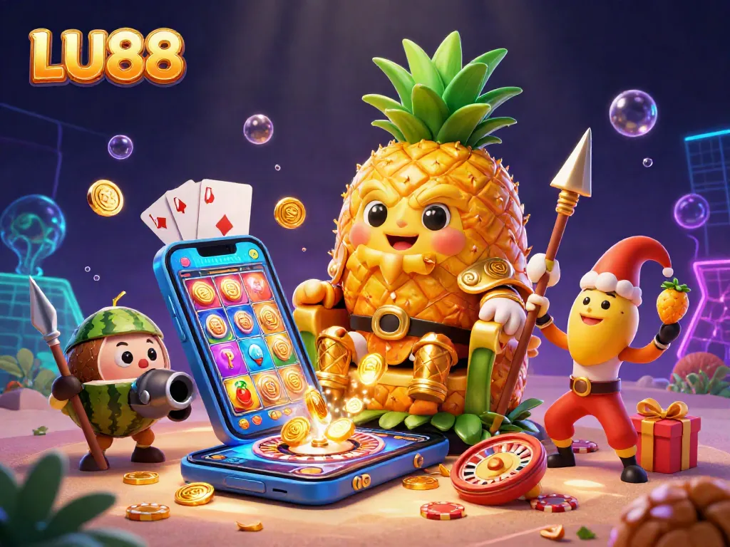 Engage with LU88's vibrant casino scene featuring golden pineapple king and games.