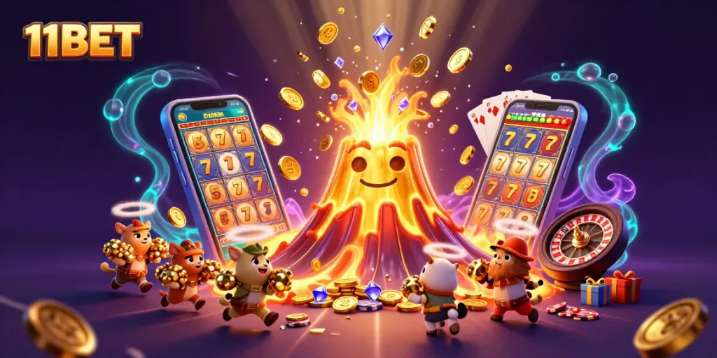 Experience thrilling wins with 11BET's golden volcano unleashing treasure in a vibrant online casino.