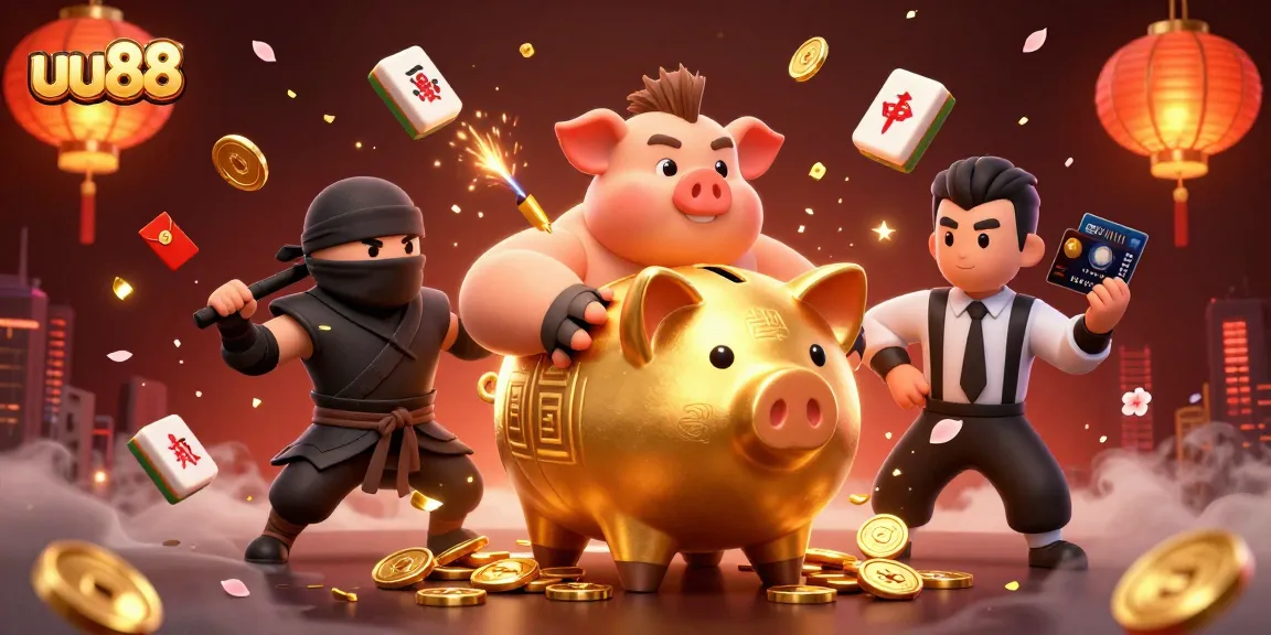 Win big with uu88 as a massive golden piggy bank sumo wrestler stomps for coins while a ninja challenges!