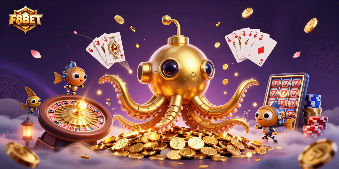 Experience thrilling gameplay with F8BET's vibrant 3D scene featuring a winning kraken and casino elements.